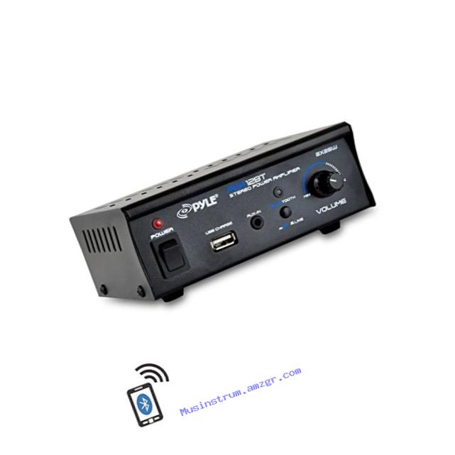 Pyle Bluetooth Stereo Amplifier - Mini Blue Series Audio Power Amplifier | Wireless Streaming | USB Charge Port | AUX (3.5mm) Jack |  2 x 25 Watt (PCA12BT)